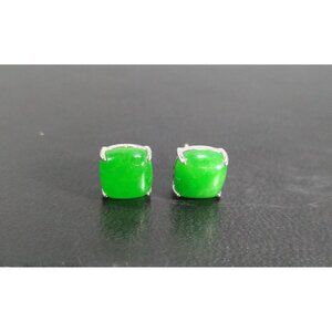 Genuine Natural Nephrite Jade & Sterling Silver Square Stud Earrings NEW